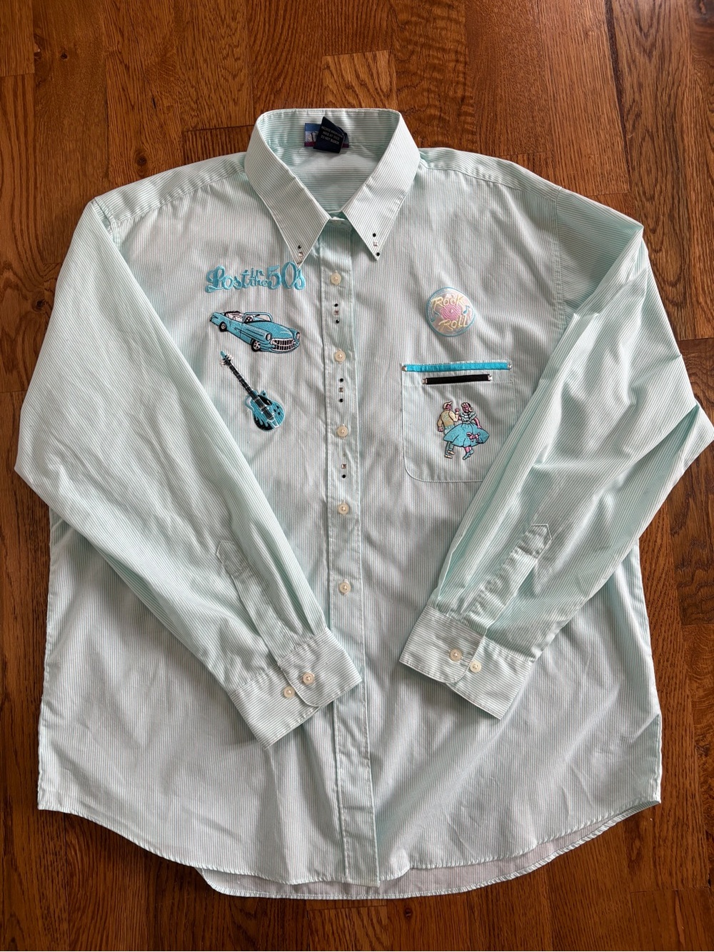 Las Olas Blue and White Stripe 50's Theme Button Up Shirt Retro Artsy Size XL - Picture 3 of 16